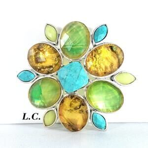 Vintage Liz Claiborne Faux Gemstone Brooch, Glass Cabs, 1990s, 2 1/4 Inches